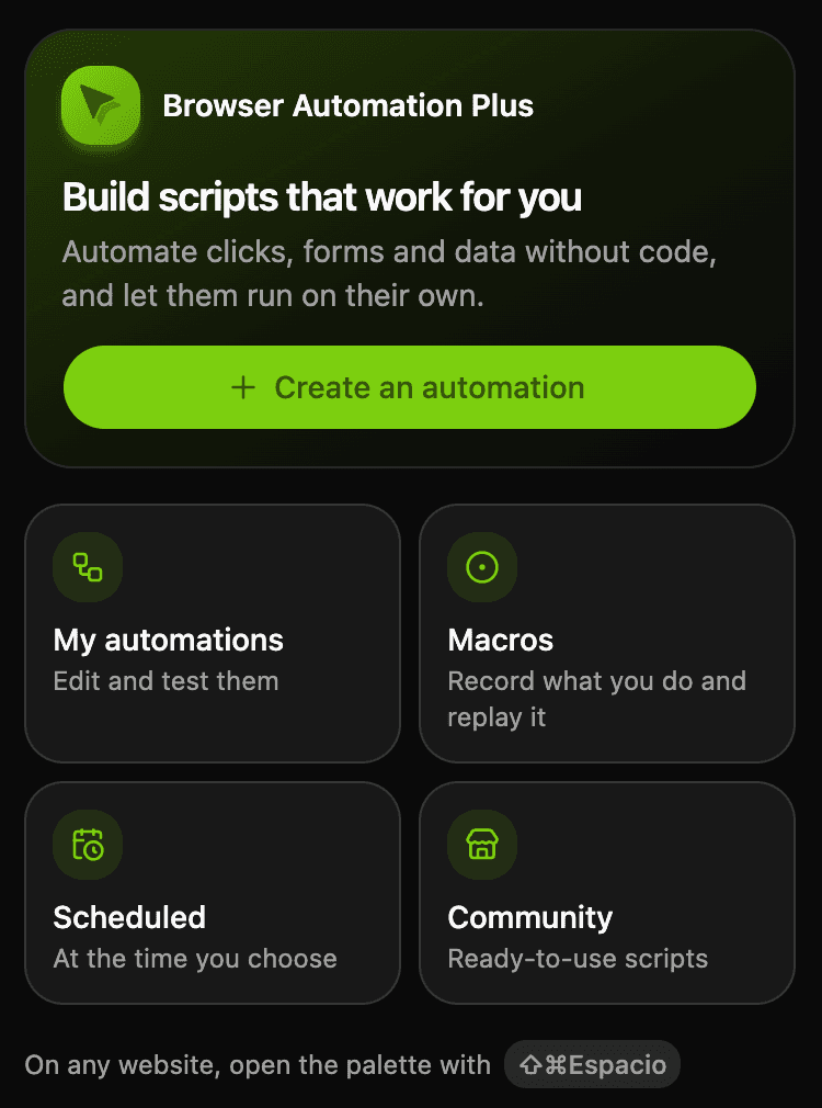 La ventana de la extensión, con accesos a crear una automatización, tus automatizaciones, macros, programación y comunidad.